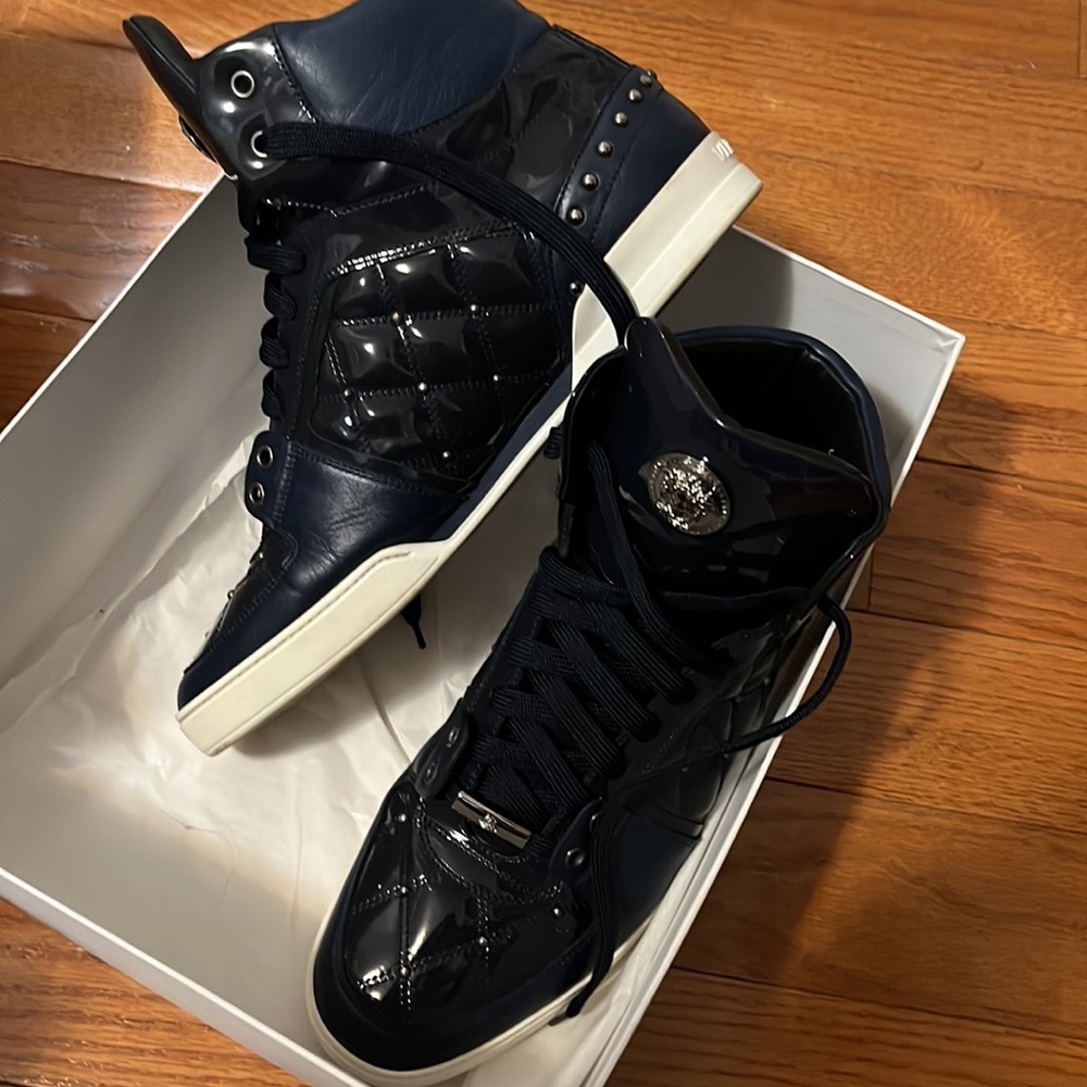 Versace Blue Patent Leather Medusa Studded High Top Sneakers Size 44 - Picture 4 of 5
